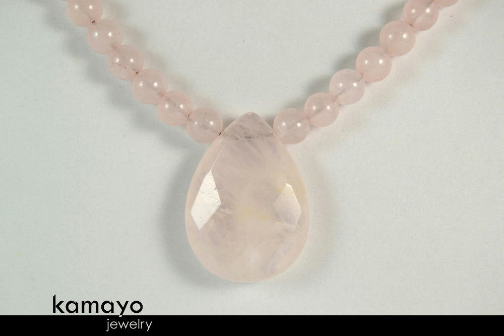 ROSE QUARTZ NECKLACE - Faceted Teardrop Pendant and Natural Beads