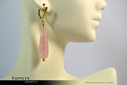 ROSE QUARTZ EARRINGS - Long Drop Ear Rings for Women - Pink Teardrop Pendant - 14K Gold Filled Leverback