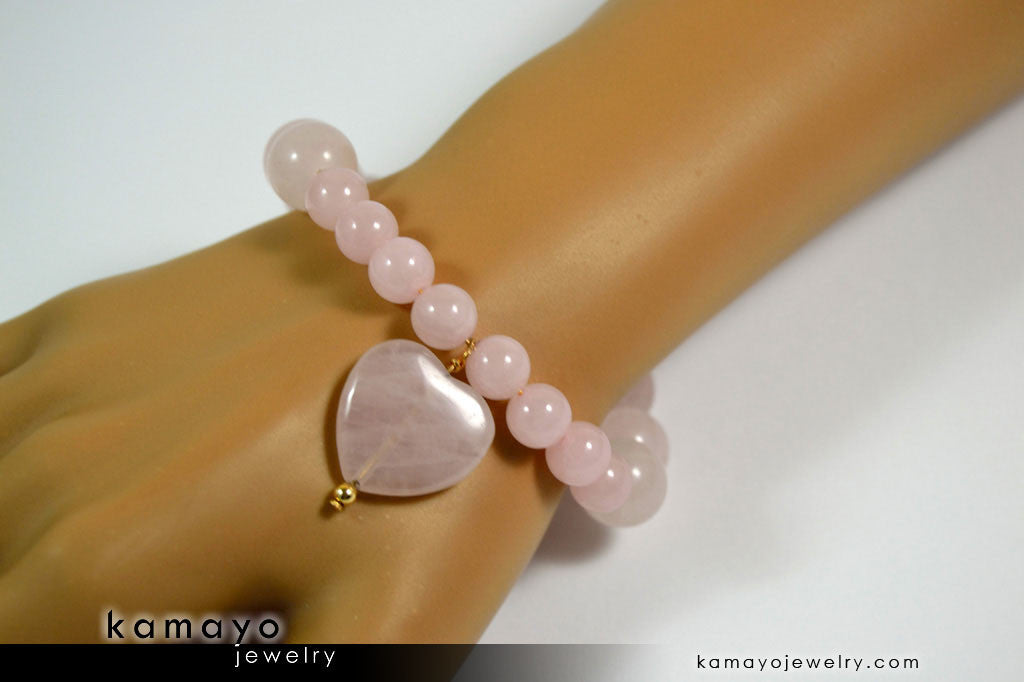 ROSE QUARTZ BRACELET - Natural Pink Heart Pendant and Polished Genuine Beads