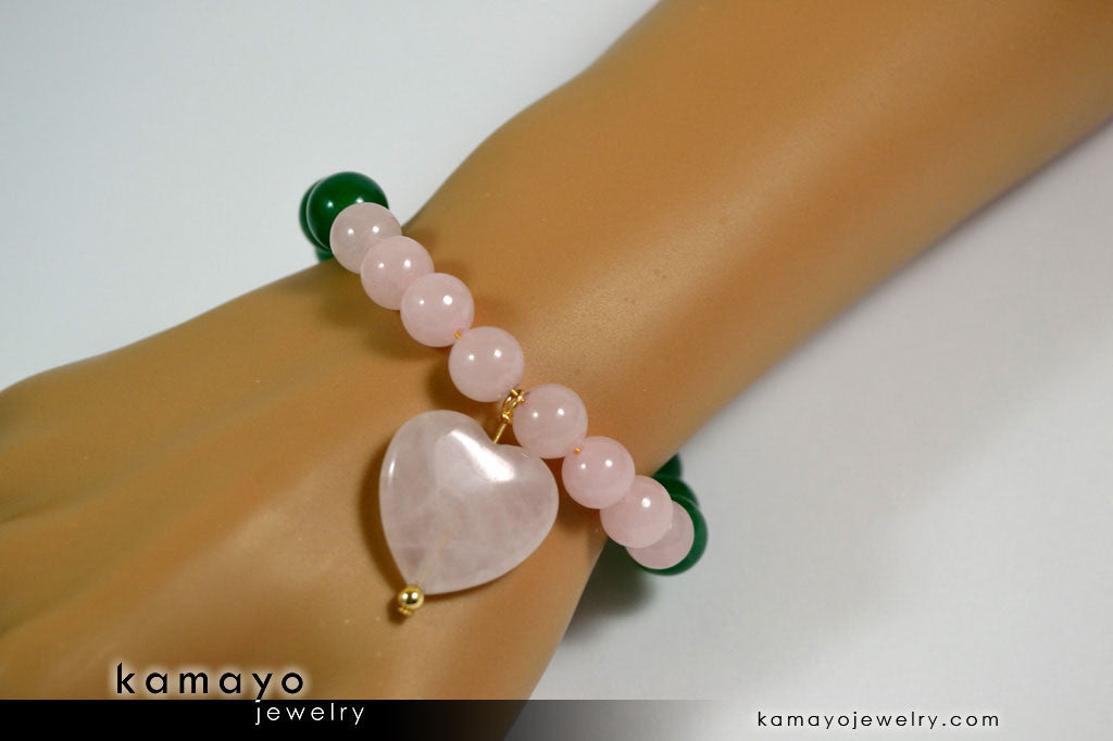 TAURUS BRACELET - Heart Rose Quartz Pendant and Green Aventurine Beads