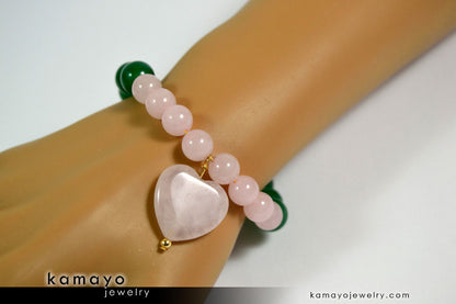 TAURUS BRACELET - Heart Rose Quartz Pendant and Green Aventurine Beads
