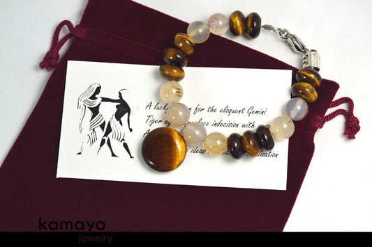 GEMINI BRACELET - Tiger Eye Pendant and Grey Agate Beads