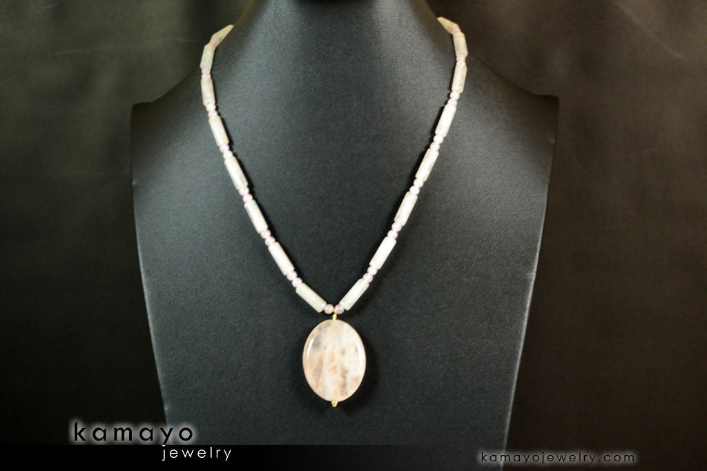 ROSE QUARTZ NECKLACE - Large Oval Pendant and Natural Beads