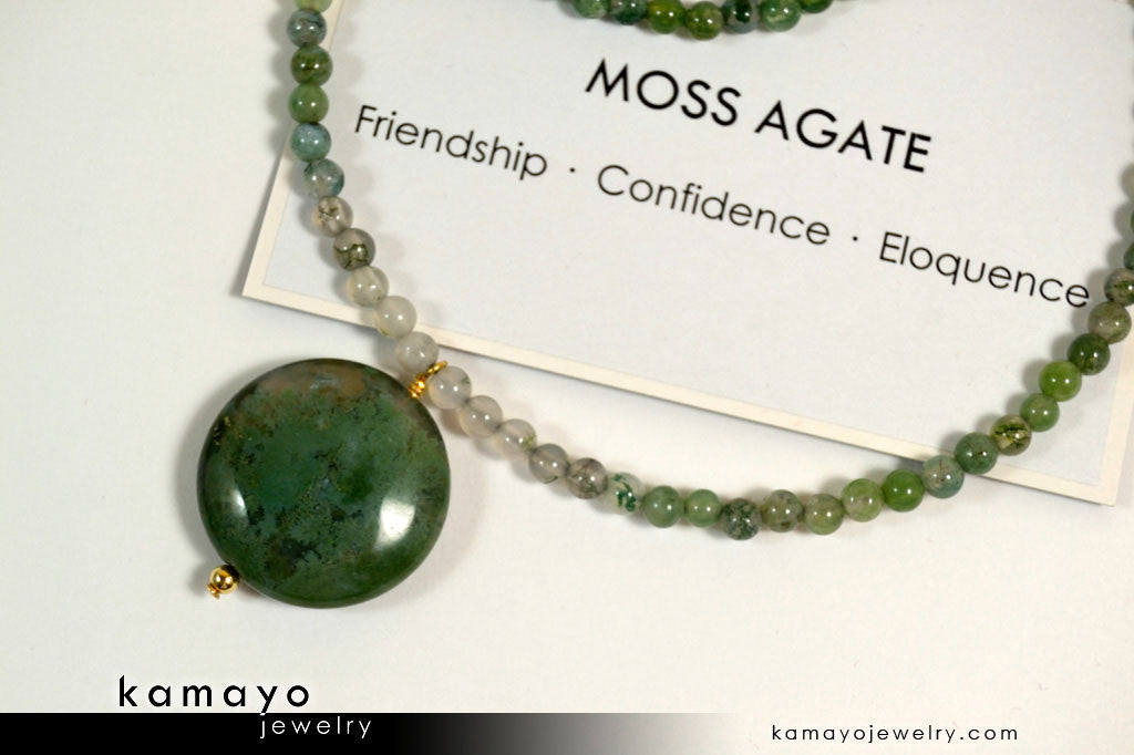 GREEN MOSS AGATE NECKLACE - Coin Pendant and Round Beads