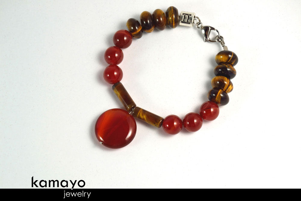 GEMINI BRACELET - Red Agate Pendant and Tiger Eye Beads