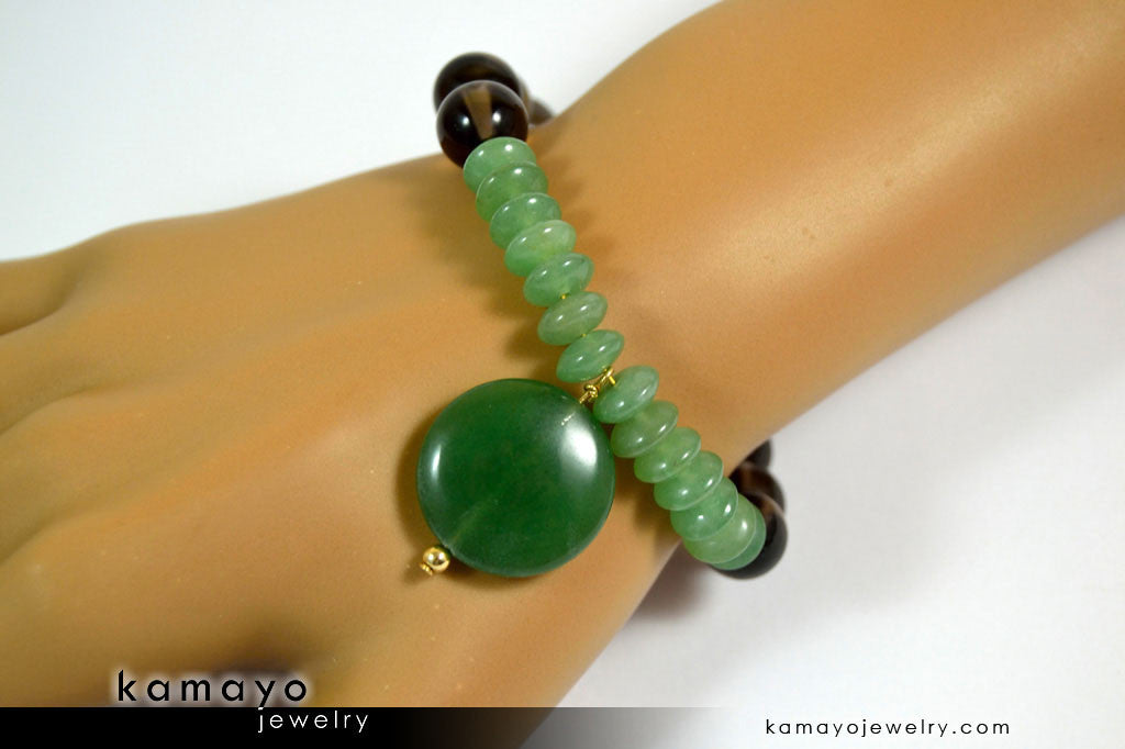 LIBRA BRACELET - Green Aventurine Pendant and Smoky Quartz Beads