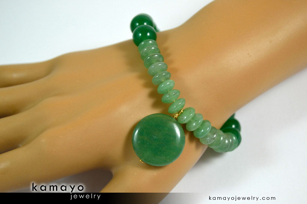 GREEN AVENTURINE BRACELET - Coin Pendant and Dark Green Beads
