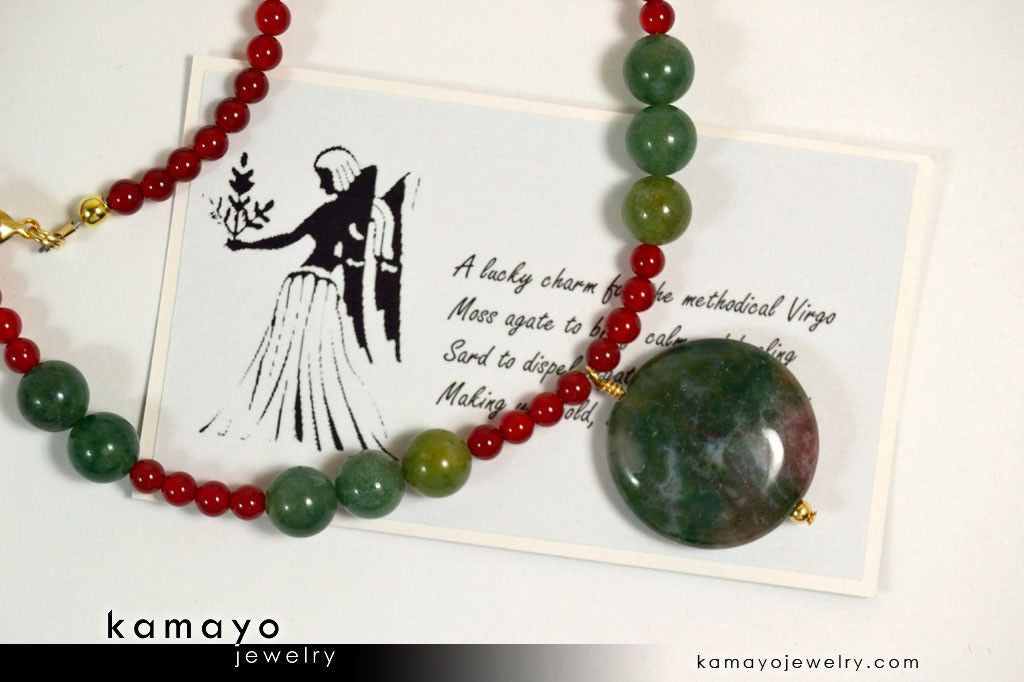 VIRGO NECKLACE - Moss Agate Pendant and Sard Beads