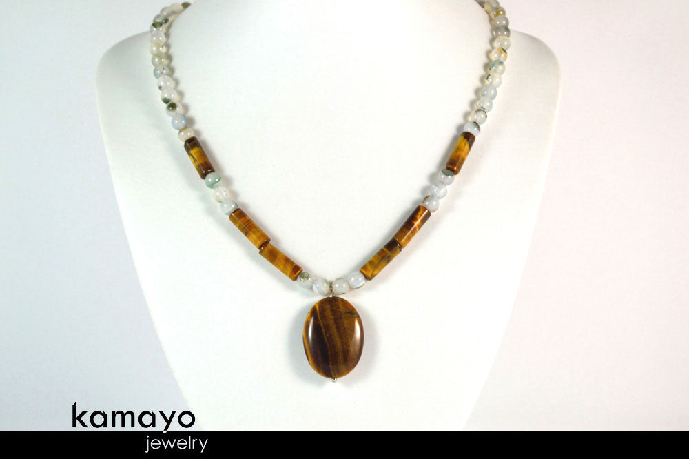 GEMINI NECKLACE - Tiger Eye Pendant and Grey Agate Beads