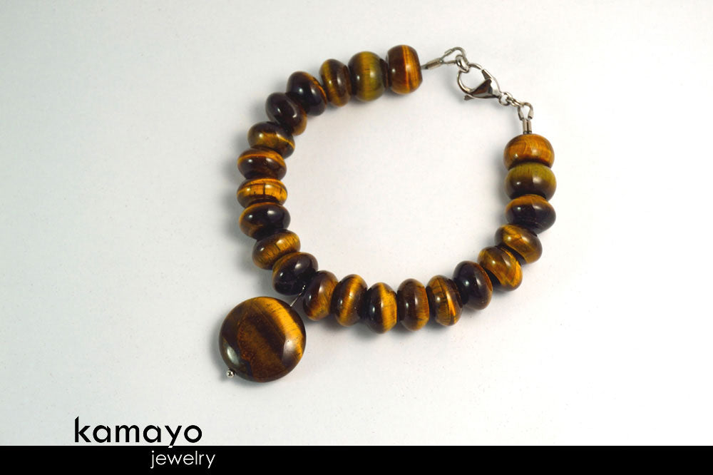 TIGER EYE BRACELET - Golden Coin Pendant and Yellow Roundel Beads