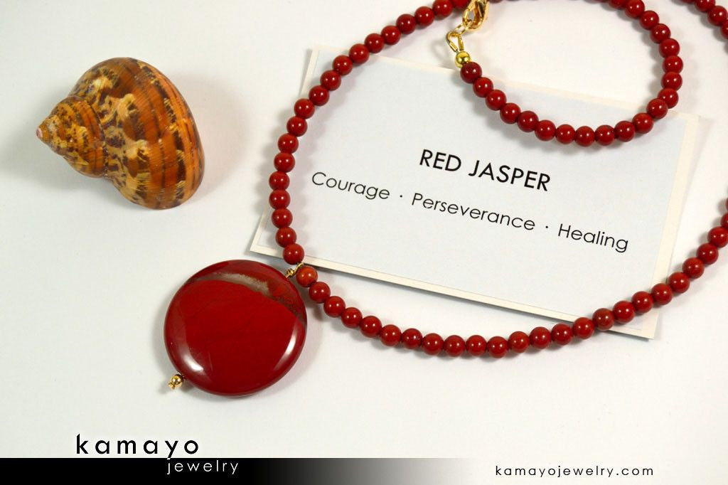 RED JASPER NECKLACE - Coin Red Jasper Pendant and Round Beads