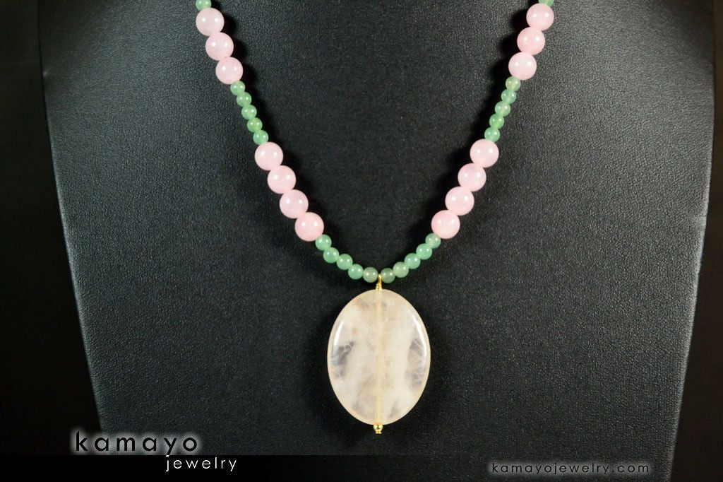 TAURUS NECKLACE - Large Rose Quartz Pendant and Green Aventurine Beads
