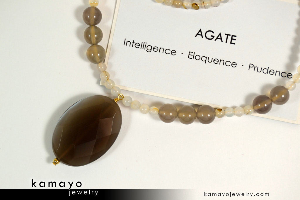 BOTSWANA AGATE NECKLACE - Grey Botswana Agate Pendant and Round Beads