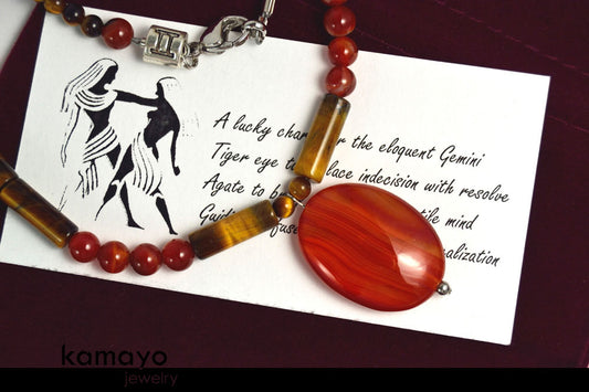 GEMINI NECKLACE - Oval Red Agate Pendant and Tiger Eye Beads