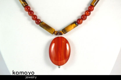 GEMINI NECKLACE - Oval Red Agate Pendant and Tiger Eye Beads