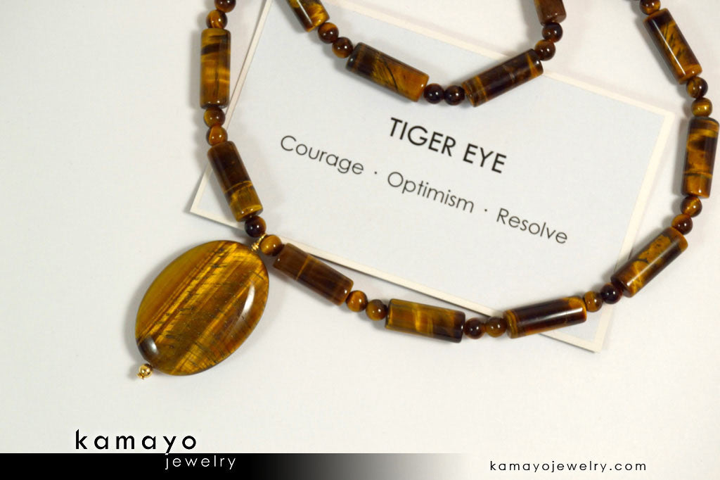 TIGERS EYE NECKLACE - Oval Golden Pendant and Yellow Beads