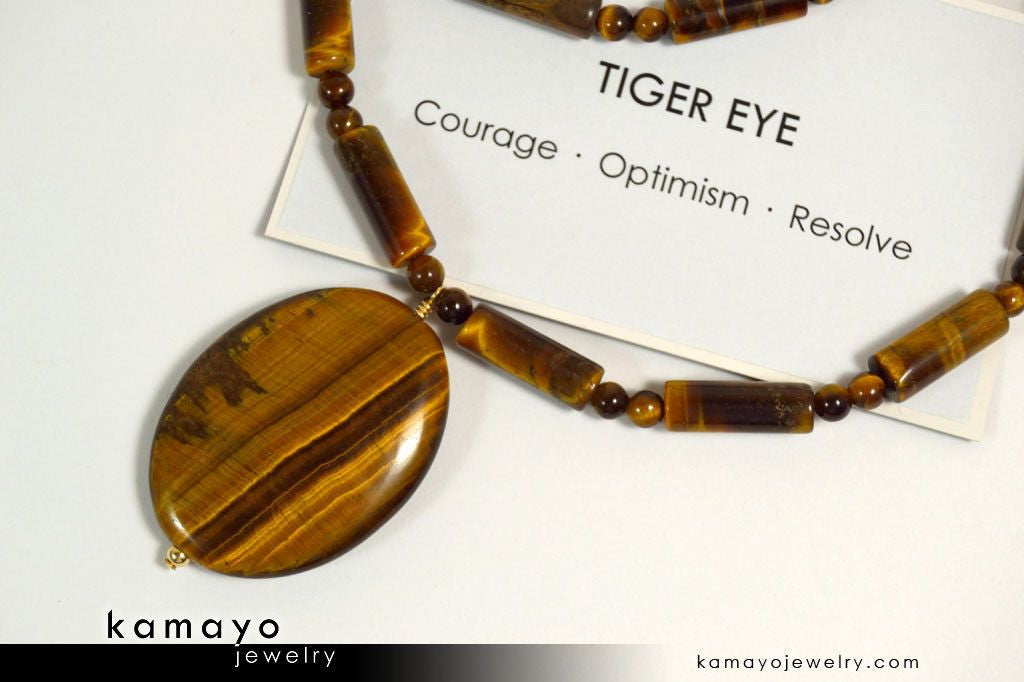 TIGER EYE NECKLACE - Large Oval Yellow Pendant and Golden Beads