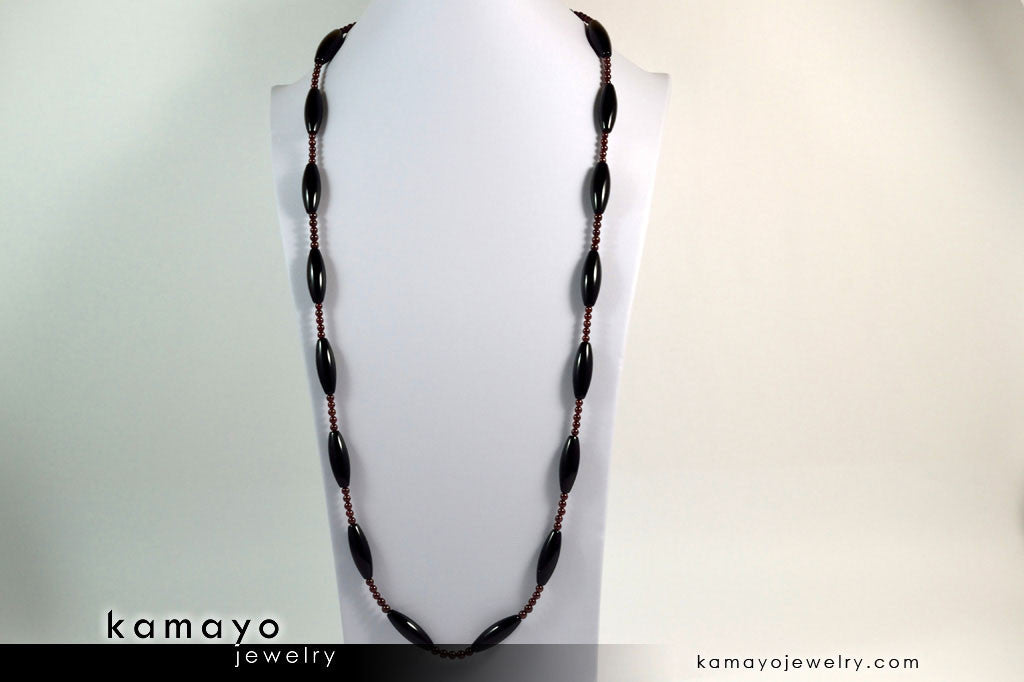 CAPRICORN LARIAT NECKLACE - Large Rice Black Onyx Beads and Red Garnet