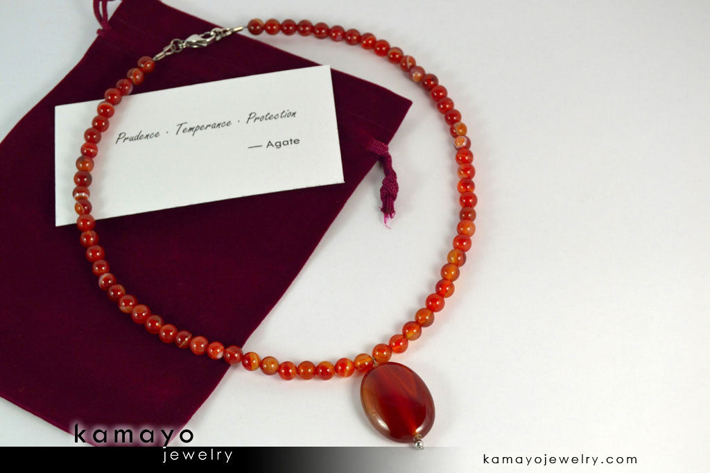 RED AGATE NECKLACE - Natural Oval Pendant and Round Beads
