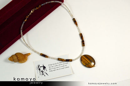 GEMINI NECKLACE - Large Tiger Eye Pendant and Botswana Agate Beads