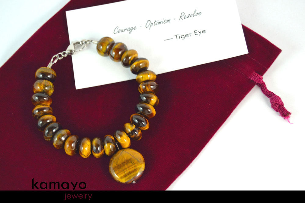 TIGER EYE BRACELET - Golden Coin Pendant and Yellow Roundel Beads