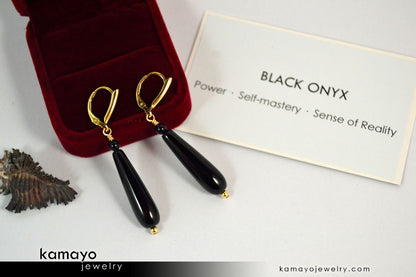 BLACK ONYX EARRINGS - Long Drop Ear Rings for Women