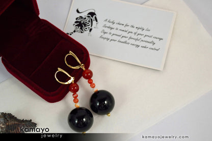 LEO EARRINGS - Large Black Onyx Ball and Small Sardonyx Beads