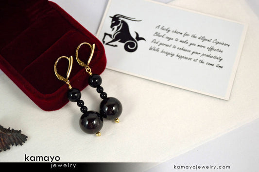 CAPRICORN EARRINGS - Large Dark Red Garnet Ball and Small Black Onyx Beads