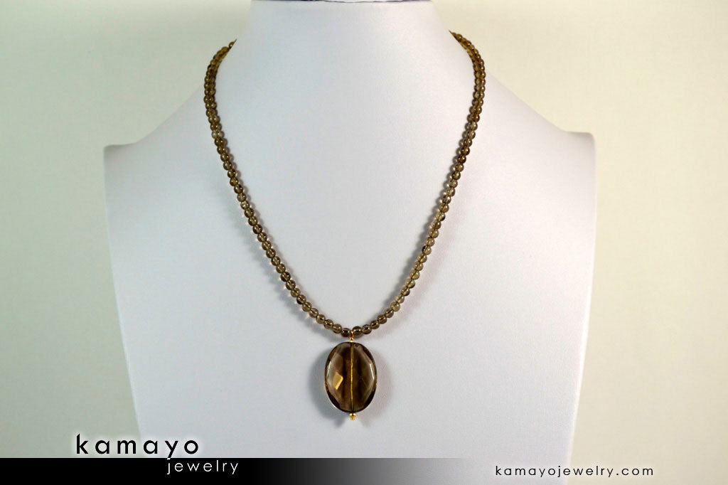 SMOKY QUARTZ NECKLACE - Faceted Oval Pendant and Round Beads