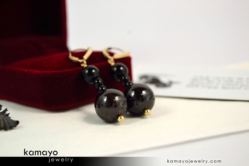 CAPRICORN EARRINGS - Large Dark Red Garnet Ball and Small Black Onyx Beads