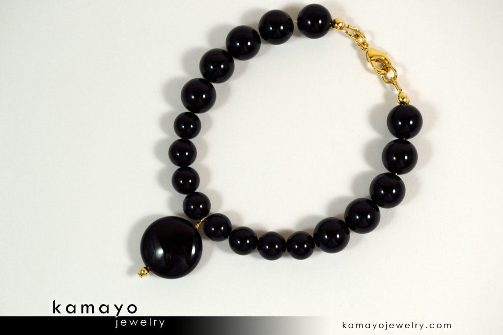 BLACK ONYX BRACELET - Coin Pendant and Round Beads