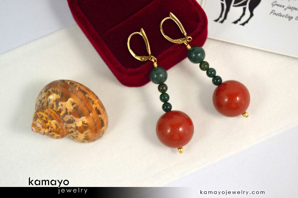ARIES EARRINGS - Large Red Jasper Ball and Small Green Jasper Beads