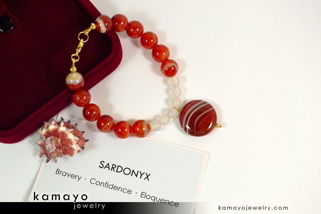SARDONYX BRACELET - Coin Red Sardonyx Pendant with White Onyx Beads