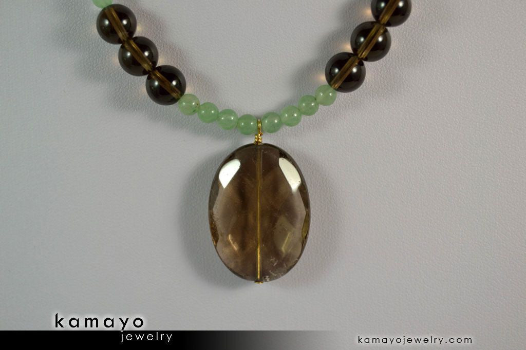 LIBRA NECKLACE - Smoky Quartz Pendant and Green Aventurine Beads