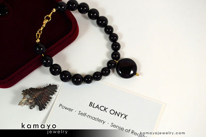 BLACK ONYX BRACELET - Coin Pendant and Round Beads