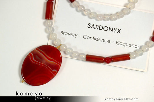 SARDONYX NECKLACE - Large Oval Red Sardonyx Pendant and White Onyx Beads
