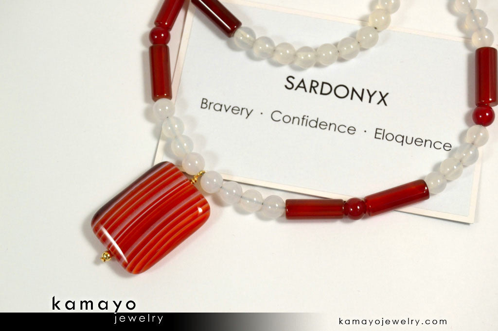 SARDONYX NECKLACE - Rectangle Sardonyx Pendant and White Onyx Beads