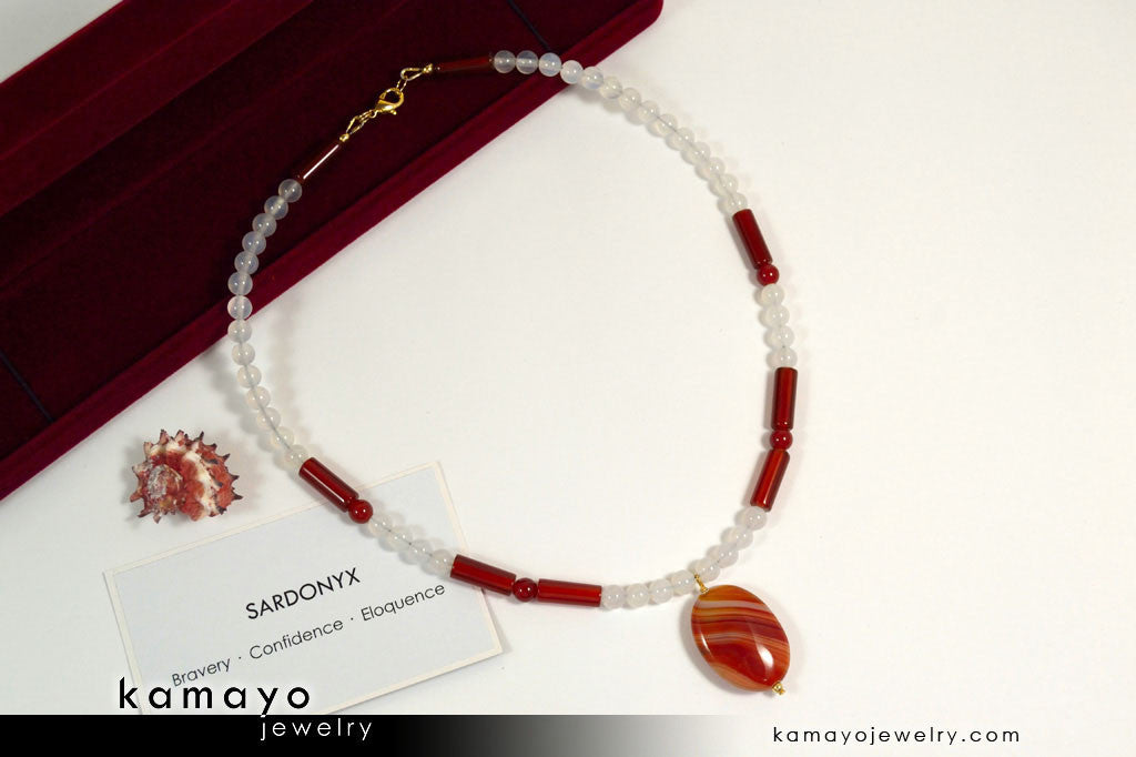 SARDONYX NECKLACE - Oval Red Sardonyx Pendant and White Onyx Beads