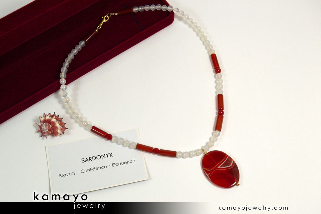 SARDONYX NECKLACE - Large Oval Red Sardonyx Pendant and White Onyx Beads