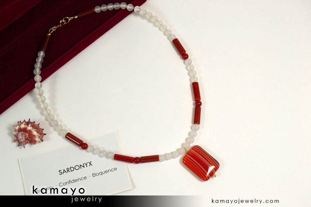 SARDONYX NECKLACE - Rectangle Sardonyx Pendant and White Onyx Beads