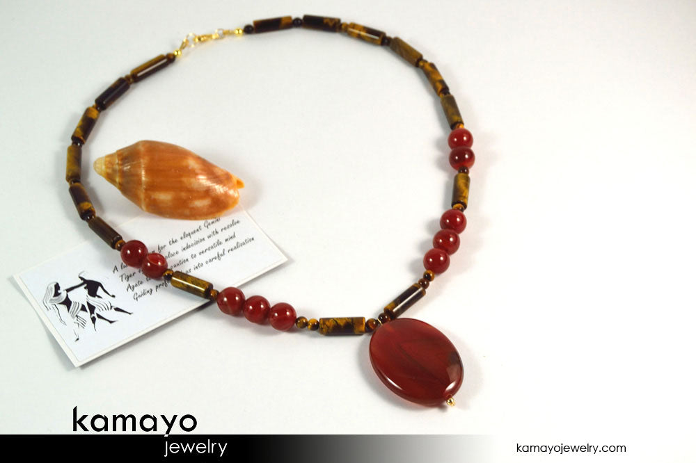GEMINI NECKLACE - Large Oval Red Agate Pendant and Tiger Eye Beads
