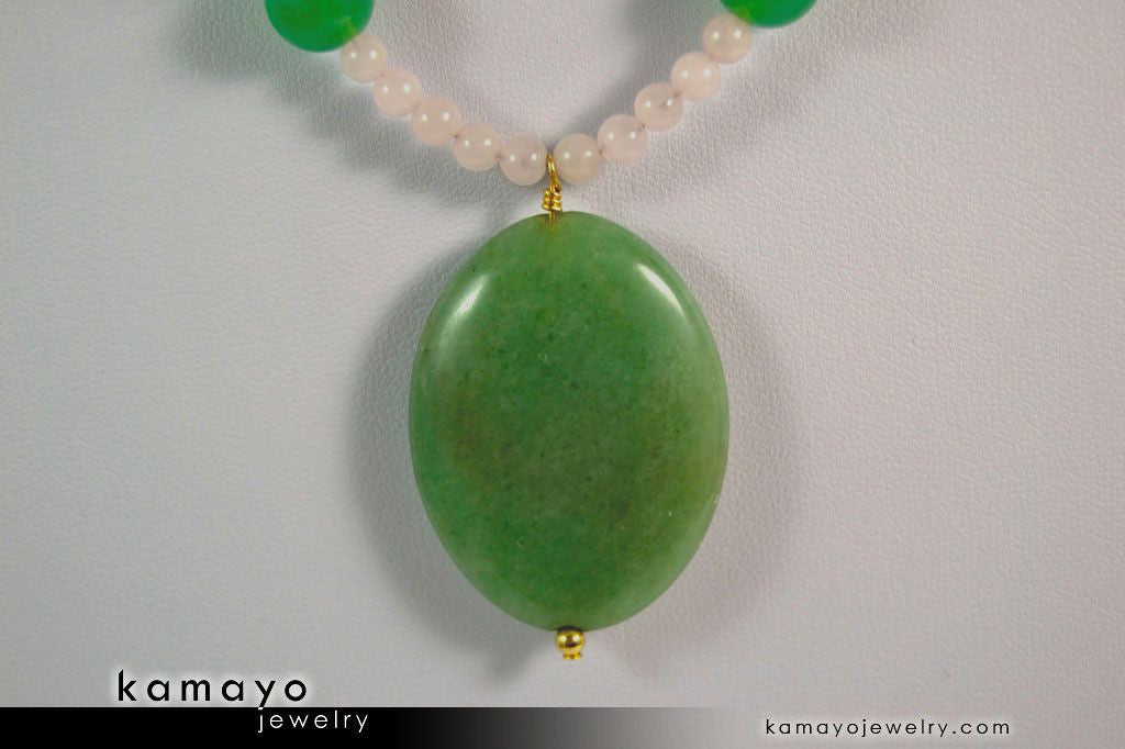 TAURUS NECKLACE - Large Green Aventurine Pendant and Rose Quartz Beads