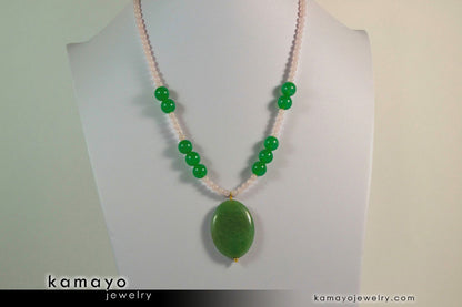 TAURUS NECKLACE - Large Green Aventurine Pendant and Rose Quartz Beads