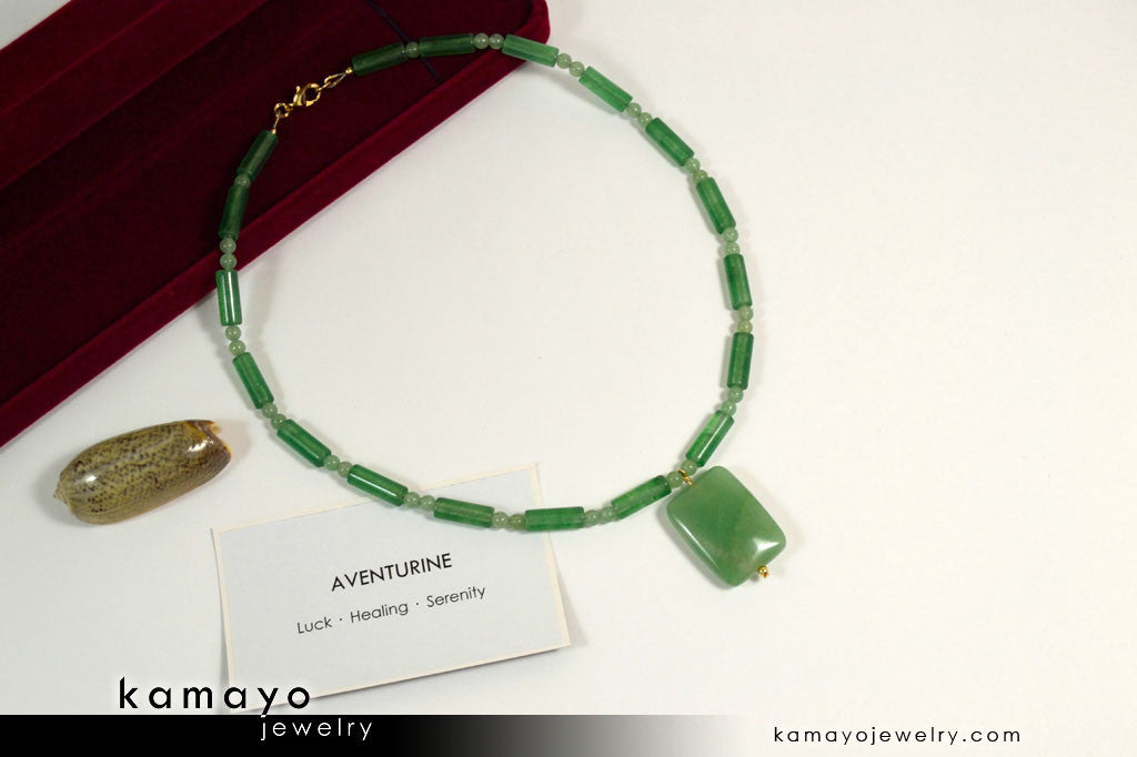 GREEN AVENTURINE NECKLACE - Rectangle Aventurine Pendant and Round Beads