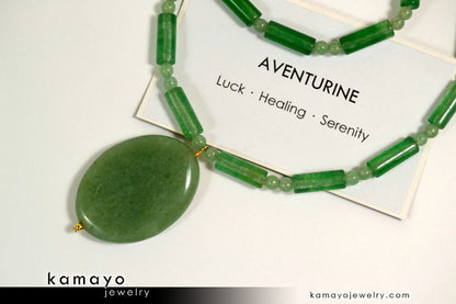 GREEN AVENTURINE NECKLACE - Large Oval Aventurine Pendant and Round Beads
