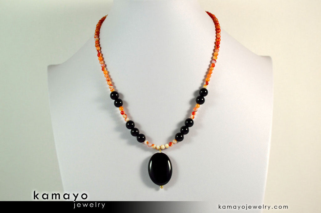 LEO NECKLACE - Black Onyx Pendant and Sardonyx Beads