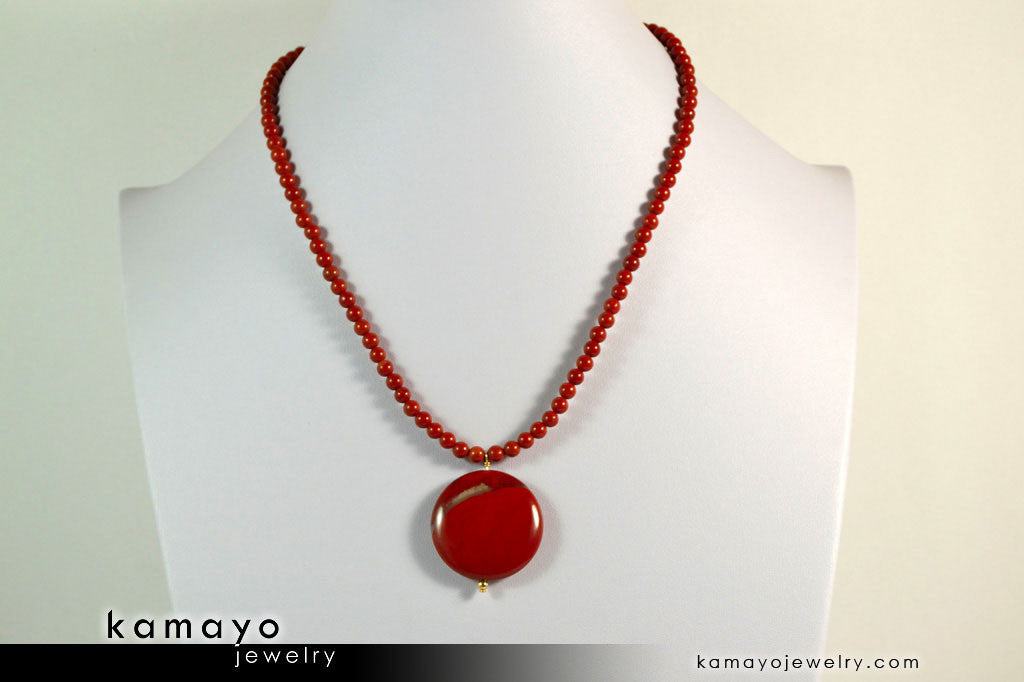 RED JASPER NECKLACE - Coin Red Jasper Pendant and Round Beads