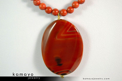 RED JASPER NECKLACE - Large Oval Red Jasper Pendant and Round Beads