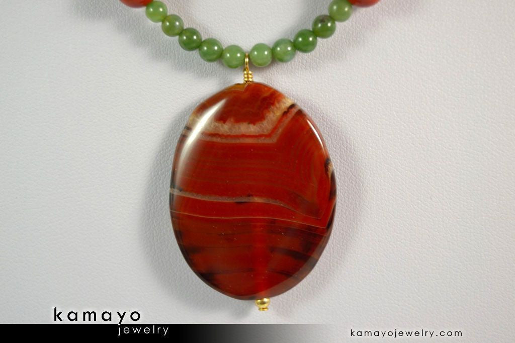 ARIES NECKLACE - Large Oval Red Jasper Pendant and Green Jasper Beads