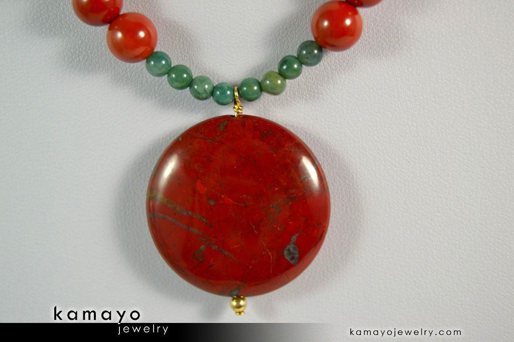 ARIES NECKLACE - Coin Red Jasper Pendant and Green Jasper Beads